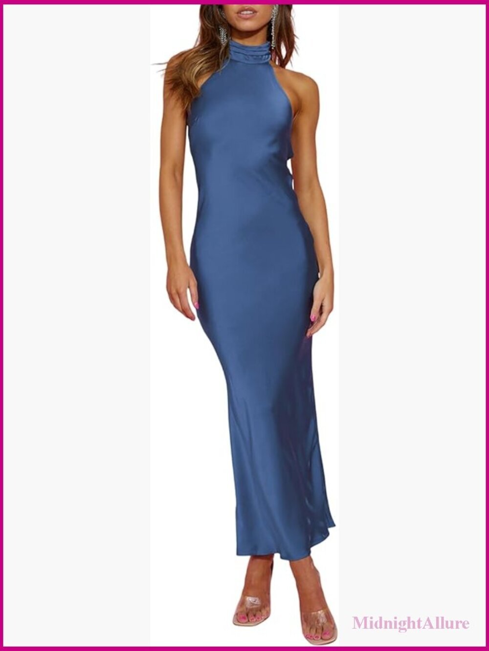 Elegant Satin Halter Neck Backless Maxi Dress Formal Guest